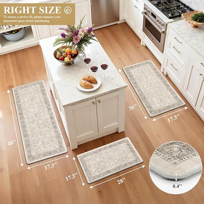 Pauwer Anti Fatigue Kitchen Floor Mats Set of 3, PVC Foam Padded Kitchen Rugs, Non Slip Cushioned Comfort Standing Mat, Waterproof Sink Rug for Small Kitchen Area, Laundry Room, Khaki