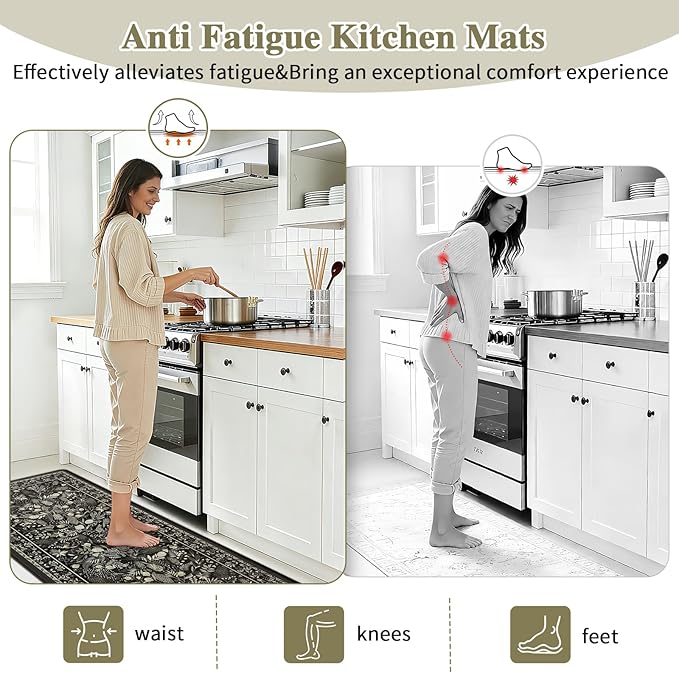 Kitchen Mats for Floor 3PCS Anti Fatigue Cushioned PVC Kitchen Rugs Non Slip Waterproof Botanical Floral Rugs Comfort Standing Mat for Laundry, Desk, Bar, Office Black
