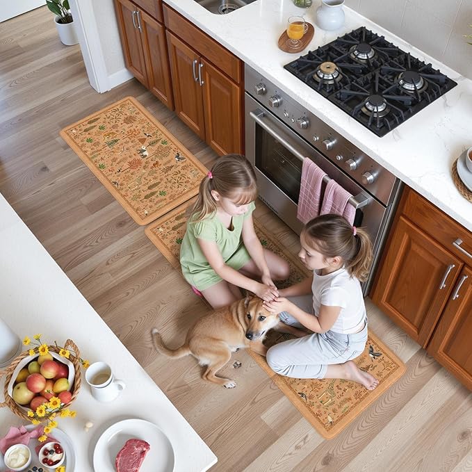 KIMODE Kitchen Floor Mats for Floor Cushioned Anti Fatigue Animal Forest Kitchen Rugs Sets of 2,Padded Memory Foam Under Kitchen Sink Mat for Laundry Decor,Orange Light Brown