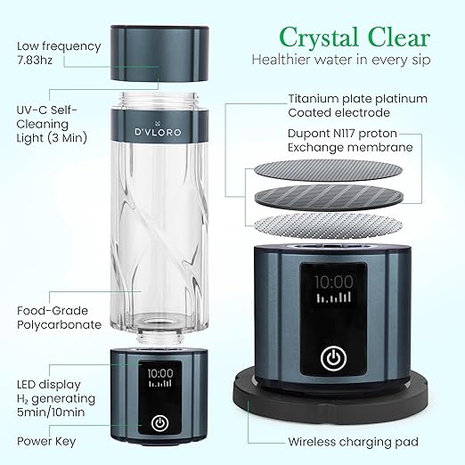 Wellness Frequency Hydrogen Bottle - Up to 4000+ PPB with UV Light Cleaning Technology and Wireless Charging Pad - Electric Water Bottle - Featuring 10 OZ Portable Capacity - SPE PEM Tech