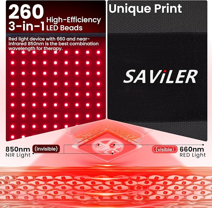 SAVILER® 24’’ x 13.8’’ Large Red Light Therapy Pad for Body, 260 LEDs Light Therapy Mat with Timer, 32W Near Infrared Light Therapy Wrap for Back Shoulder Joint Muscle Pain Relief