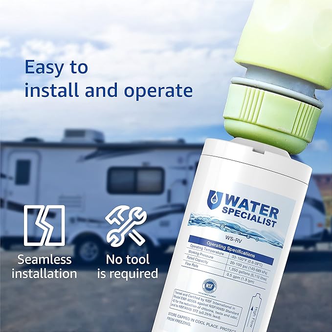 Waterspecialist RV Inline Water Filter, NSF Certified, Reduces Chlorine, Bad Taste and Odor, Rust, Corrosion, Sediments, and Turbidity, Dedicated for RVs, 1 Pack Water Filter with Hose Protector