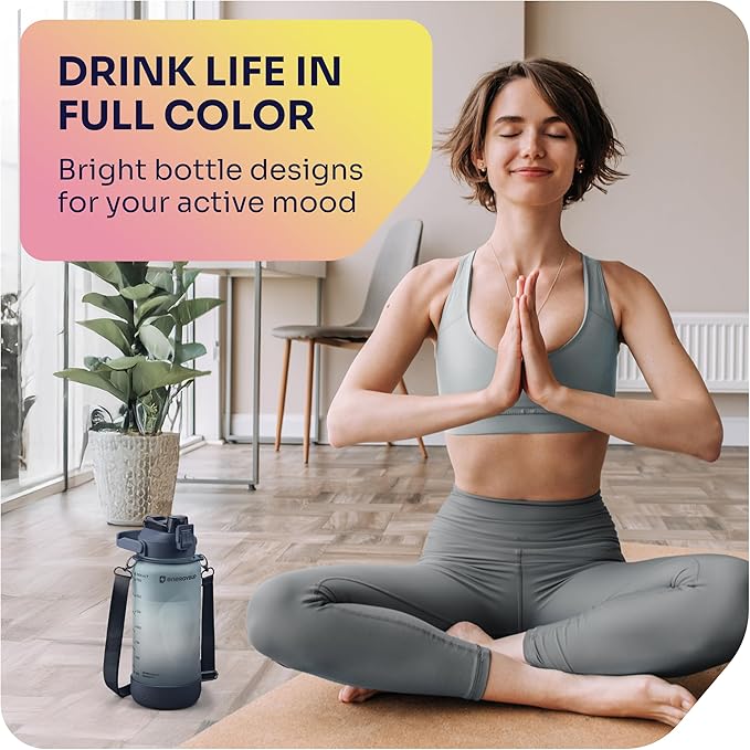1/2 Gallon Water Bottle with 74.3 oz Capacity - Motivational Time Markers for Daily Hydration Goals - Leakproof BPA Free Tritan with Removable Straw