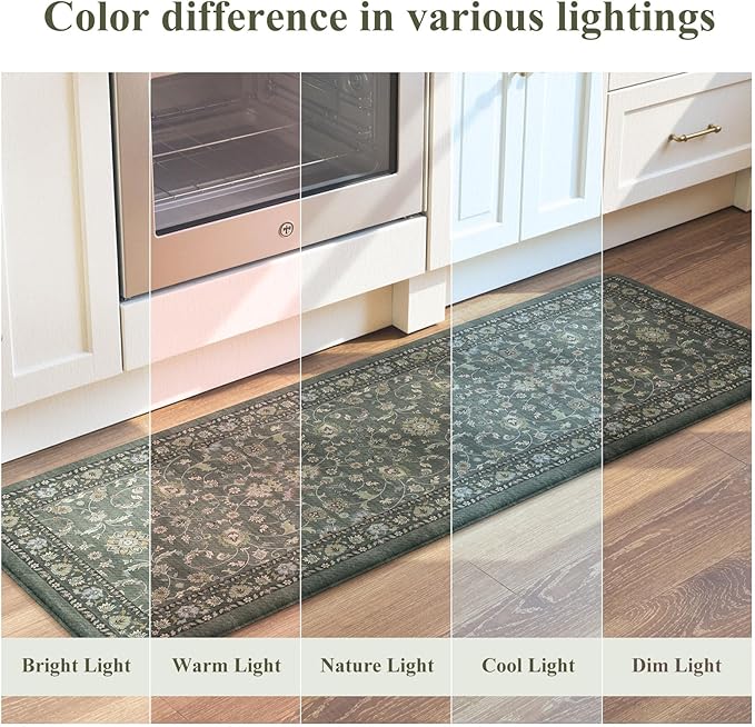 KIMODE Comfort Kitchen Mats for Floor Cushioned Anti Fatigue,Boho Vintage Kitchen Rugs Sets of 2 Non Slip,Memory Foam Kitchen Floor Mat Carpet for Laundry Office Home Decor,Dark Green