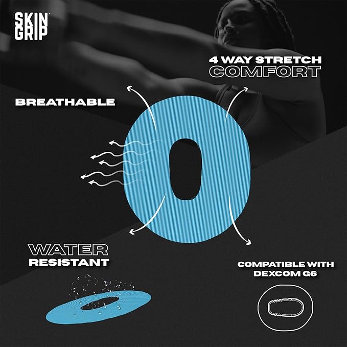 Skin Grip Adhesive Patch Compatible with Dexcom G6 Adhesive Patches Waterproof & Sweatproof with Cutout, Lasts 10-14 Days, Continuous Glucose Monitor Patch, CGM Sensor Cover – 20 Pack, Blue