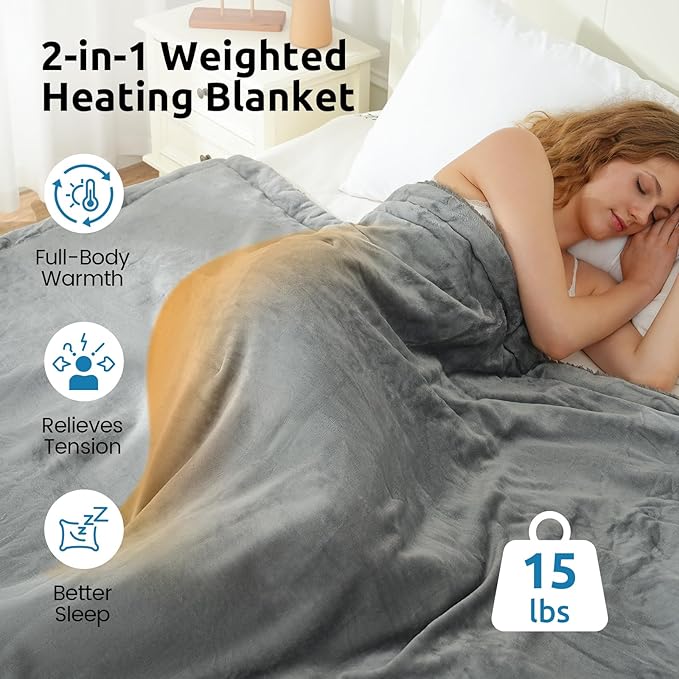 Drewin Heated Weighted Blanket, Sherpa Fleece Electric Throw Blanket 15 lbs for Adult, Fast Heating, Weighted Blankets Twin Size with 4 Heating Levels 2 Hours Timer Auto Off, 48 x 72 inches, Grey