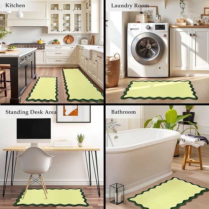 Scalloped Kitchen Mats Rugs Sets of 2 Cushioned Anti Fatigue Floor Mat Waterproof Kitchen Rugs Non Slip Foam Comfort Standing Mat for Sink Laundry, Green
