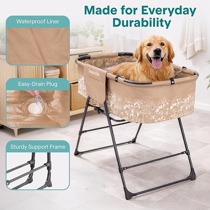 SereneLife Foldable Dog Bath Tub with Adjustable Height, 360° Access, Drain Hose & Storage Pockets – 130 lb Capacity Grooming Station for Indoor/Outdoor Use (Beige)