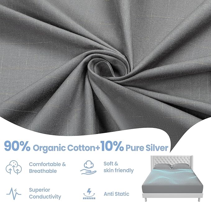 Grounding Sheets King Size - 90% Organic Cotton + 10% Pure Silver Fitted Bed Sheet for Earthing - 400 Thread Count Deep Pocket Grounded Bedsheets - Improved Sleep Down to Earth Ground Bedding