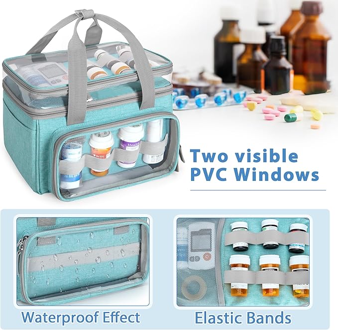 LUXJA Double-Layer Medicine Bag with Transparent Compartment, Pill Bottle Organizer with Detachable Divider (Suitable as a Home or Travel Medicine Bag), Blue