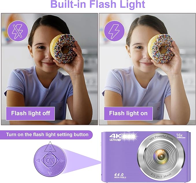 Digital Camera, FHD 4K Digital Camera for Kids Purple with 64GB SD Card 16X Digital Zoom, Cameras for Photography Compact Point and Shoot Camera for Teen Boys Girls Kids Autofocus Camera Digital