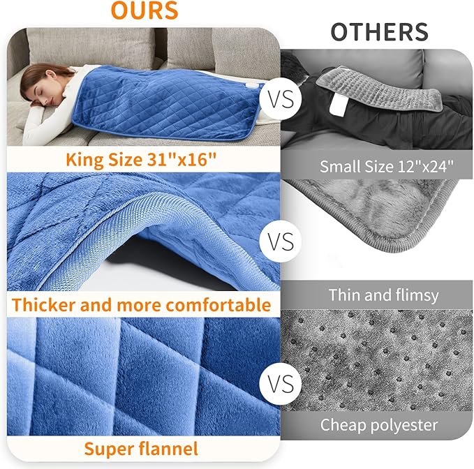 31''x16'' Extra Large Heating Pad for Back&Cramps Relief, XL Electric Heating Pads for Neck Shoulder Pain Relief Heat Pad Upgraded 6 Heat Settings, 4 Timer Options Auto Shut-Off Machine Washable Blue