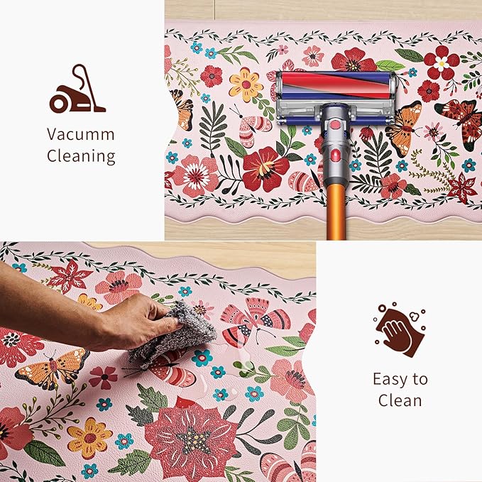 UKISS Kitchen Rugs, 2PCS Waterproof Kitchen Mats, Cushioned Anti Fatigue Kitchen Mat, Non-Slip Boho Comfort Mat for Kitchen, Floor Home, Sink, Laundry,17.3"x28"+17.3"x47", White &Pink (Pink)