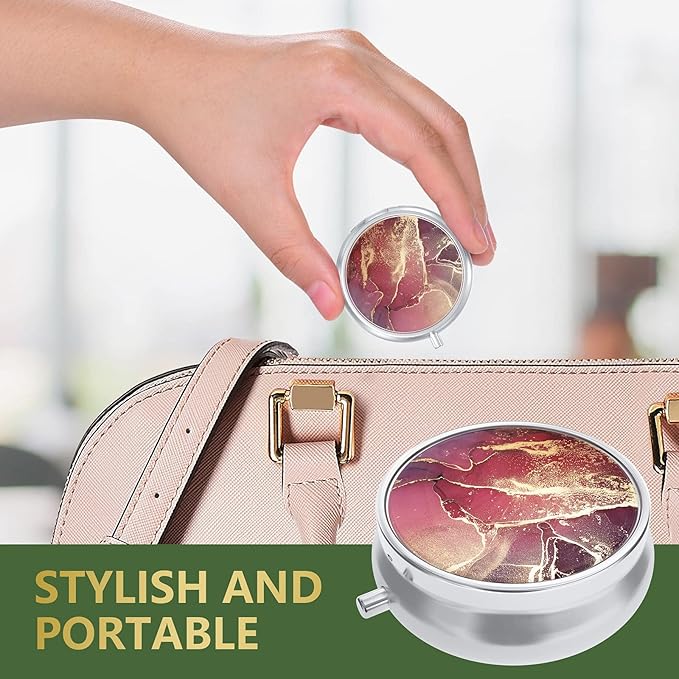 Nipichsha Pill Box, Small Pill Case for Purse & Pocket, Cute Travel Medicine Organizer, Portable Medicine Container Holder to Hold Vitamins, Medication, Fish Oil & Supplements, Red Marble