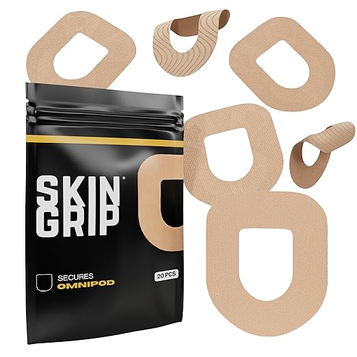 Skin Grip Insulet Omnipod 5 Adhesive Patches Waterproof & Sweatproof (Also Fits Omni pod Dash), Pre-Cut Medical Tape, Ultimate Insulin Pump Protection, Diabetic Sensor Covers, 20-Pack, Tan