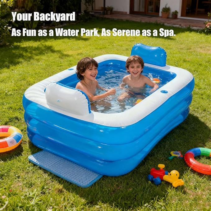 Double Inflatable Bathtub for Adults with Electric Air Pump, Portable 2-Person Spa Tub for Outdoor/Indoor Use, Includes Bath Pillow, Drain & Cup Holder, Foldable Storage, Blue