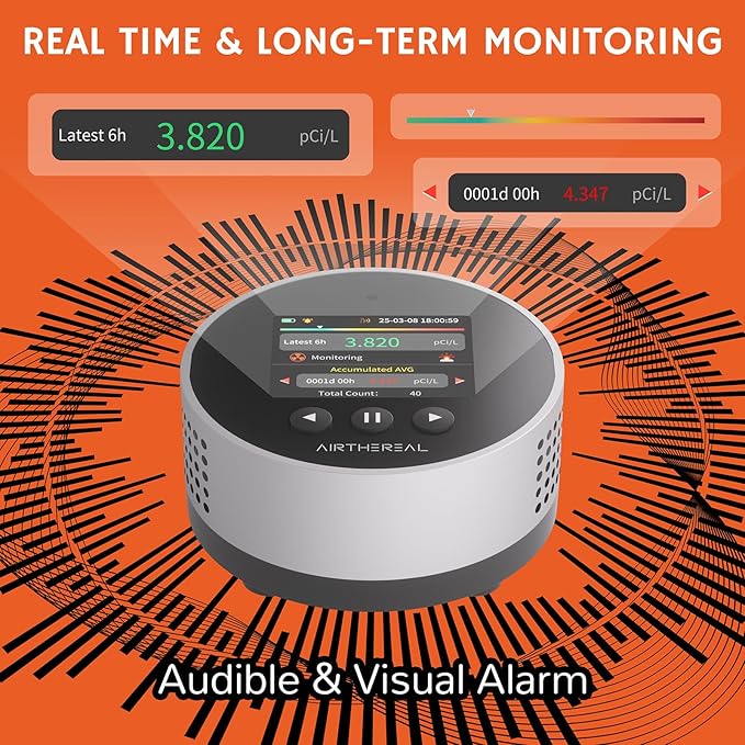 Airthereal Portable Radon Detector for Home – 504-Day Data Storage for Long Term Monitoring, LCD Color Display, Fast 6H Results, Long Battery Life, Audible & Visual Alarm - Upgraded 2025 Version
