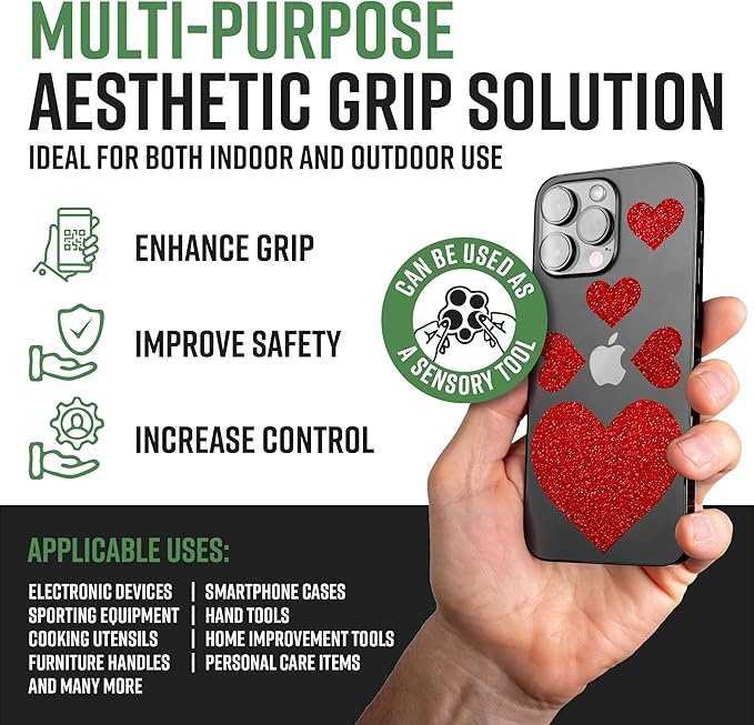 Dragon Grips Heart Stickers - 10 Pcs Clear Heart-Shaped Rubberized Grip Stickers - Waterproof, Multi-Purpose, Non-Slip, Textured Cell Phone Grip Tape for Laptop, Mouse, Tablet, iPad, iPhone Case