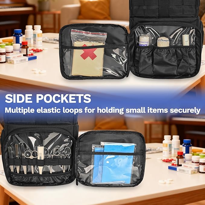 Tactical Pill Bottle Organizer Storage with 3 Inner Clear Pouches, Large Medicine Storage Bag, Pill Organizer Bags with Cross Body Straps for Home, Dorm, Travel, Outdoor, Black