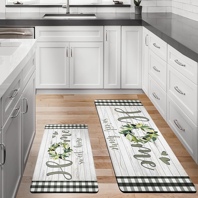 Qahing Farmhouse Kitchen Rugs Mats Sets of 2 Cushioned Anti Fatigue Kitchen Mats for Floor Spring Non Slip Memory Foam Kitchen Floor Mats Waterproof Comfort Standing Mats for Sink, 17.3"x28"+17.3"x47"