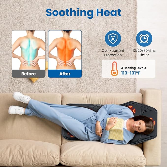 Full Body Massage Mat, Back Massager Chair Pad with Heat, Multifunctional Vibration Motors Back Massager with 8 Massage Modes & Vibration Timer for Home Office Recliner Sofa Use