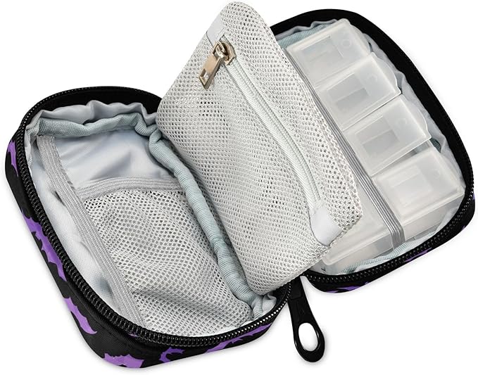 Ollabaky Pill Organizer Halloween Purples Bats Travel Pill Cases Bag Portable Pill Container 7 Days Pill Box Organizer Vitamin Supplement Holder for Family Business