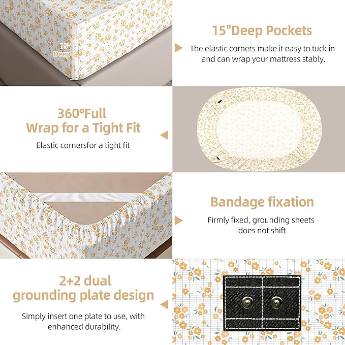 Grounding Sheets Queen Orange Floral - 15% Pure Silver + 85% Organic Cotton Fitted Bed Sheet for Earthing - 400 Thread Count Deep Pocket Grounded Bedsheet - Improved Sleep Down to Earth Ground Bedding