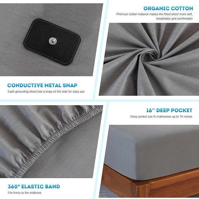 Levoo Grounding Sheets King 90% Organic Cotton + 10% Pure Silver Fitted Grounded Sheet for Healthy Sleep Therapy Earth Connected Bed Sheet with Long Grounding Cord (Gray 78"x 80"x 16")