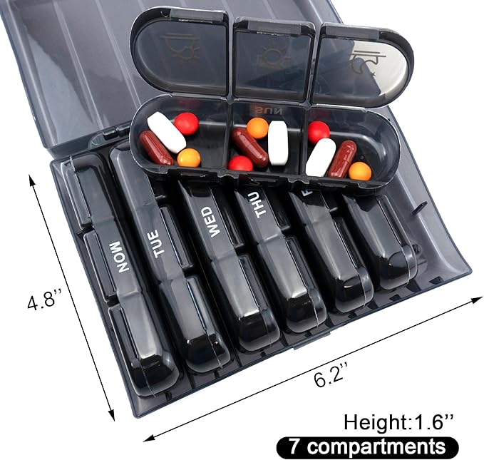 Quacc 1 PCS Weekly Pill Box Organizer 7 Day 3 Times Portable Travel Medicine Pill Organizer Tablet Box for Gel Capsules, Fish Oils, Vitamins, Supplements (Black)