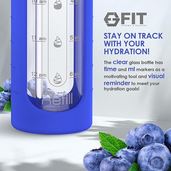 FIT Strong & Healthy 32 oz Glass Water Bottle with Straw Lid - Wide Mouth Borosilicate Glass Water Bottles with Time Marker, Silicone Sleeve & Extra Lid - 1L Large Motivational Drinking Bottle