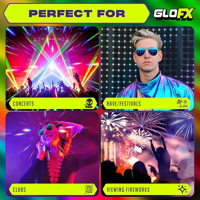 GloFX Diffraction Glasses | Hippie and Pilot Style Metal Frames with Mirror Lens and 3D Prism Rainbow Effect