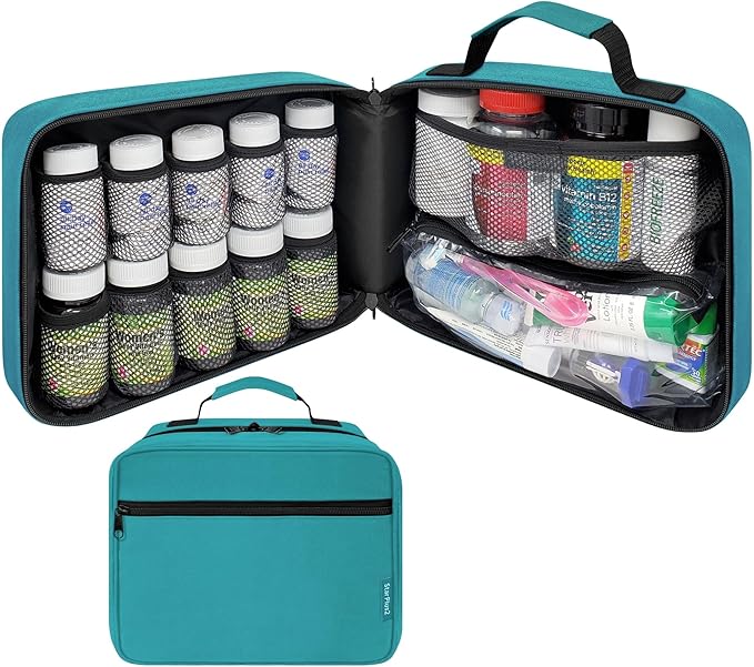 Large Pill Bottle Organizer - 10 Pockets Medicine Bag for Travel & Home Storage - Turquoise