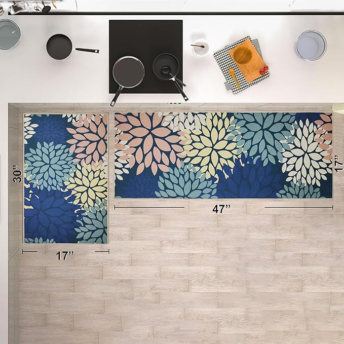 Blue Kitchen Mat Set of 2, Non Slip Boho Kitchen Rug for Floor,Farmhouse Outdoor Doormats Linen Runner Rug Washable Standing Mats for Entryway,Laundry,Office,Hallway 17"x47"+17"x30"