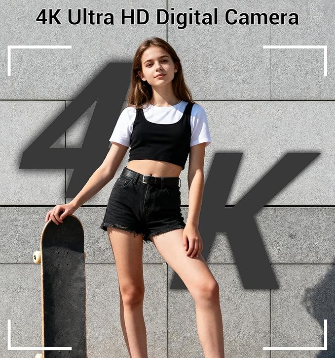 Digital Camera 4K, Autofocus Digital Compact Digital Camera,16X Digital Zoom Upgraded Travel Camera with 64GB SD Card,2 Batteries,Small Camera for Teens Kids Boys Girls,Black