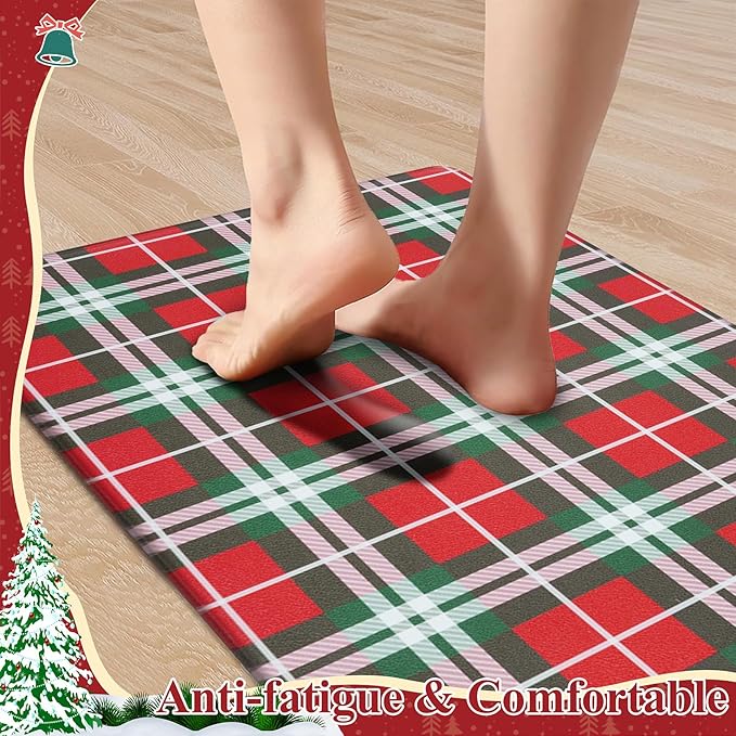 SHACOS Christmas Checkered Kitchen Rugs Set of 2 Anti-Fatigue Kitchen Mats Cushioned Christmas Kitchen Rugs Red Green Plaid Farmhouse Kitchen Mats and Rugs for Xmas 17x27.5+17x47, Red Green Plaid