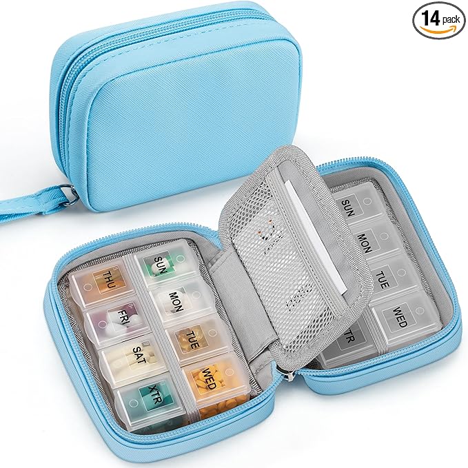 Zannaki Cute Pill Organizer for Purse with Two Removable 7-Day Pill Box, Travel PU Leather Pill Case, Portable Weekly Pill Container with Storage Bag to Hold Vitamins, Fish Oils, Supplements (Blue)
