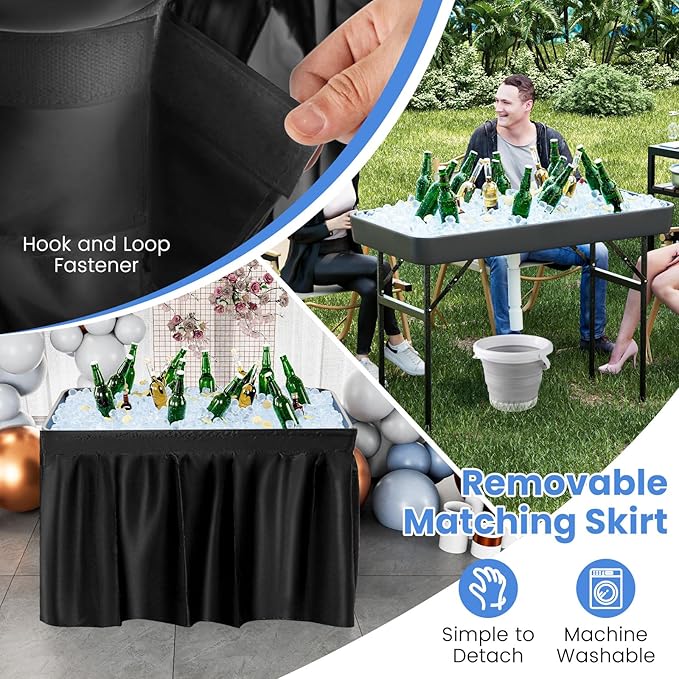 Giantex 4 FT Folding Ice Cooler Table with Drain & Bucket, Removable Skirt, No Assembly, Portable Fill and Chill Table for Food Drink Beverage, Foldable Party Ice Bin for Camping BBQ, Black