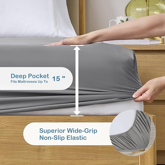 Degrees of Comfort Coolmax® Cooling Fitted Sheet Only, Soft Queen Size Bed Sheets for Hot Sleepers, Up to 15" Deep Pocket, All Around Elastic, Wrinkle Free, Fade Stain Resistant, Grey 1 Piece