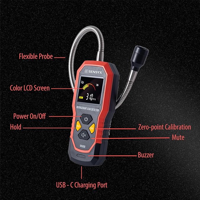 Rechargeable HVAC Refrigerant Leak Detector, Halogen Freon Sniffer, Air Conditioning Detection, Automotive Gas Finder (SFD200 Refrigerant Detector)