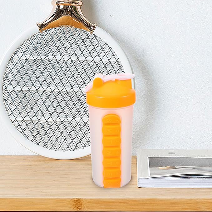 Clear Water Bottles 7 Day Pill Box Organizer with Water Bottle Weekly Dispensers Reminder Medicine Holder Portable Inserted Pill Case Bottle for Travel Gym Outdoor Orange