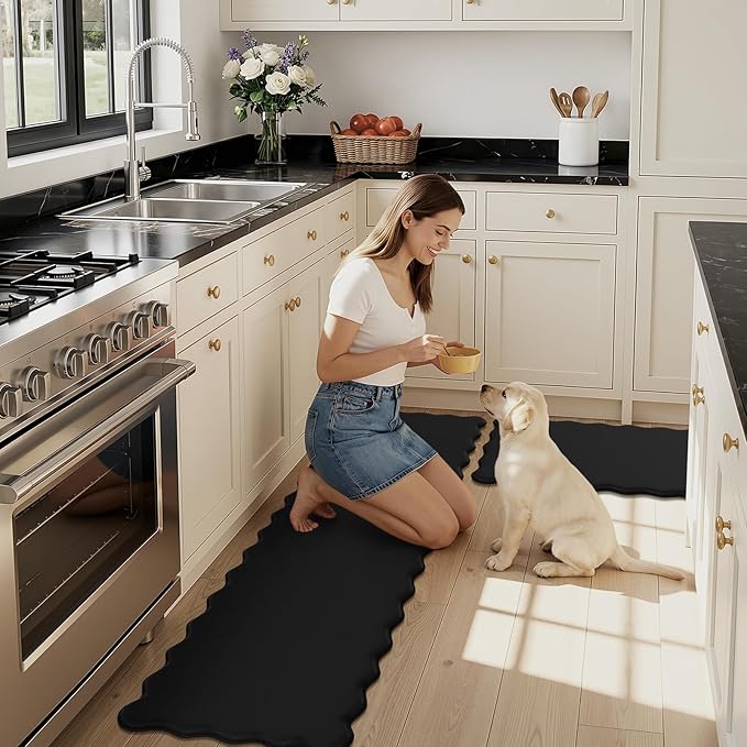 KIMODE Scalloped Kitchen Mats for Floor Cushioned Anti Fatigue,Wavy Kitchen Sink Rugs Sets of 2 Non Slip,Comfort Memory Foam Kitchen Floor Mat Carpet for Office Laundry,Black