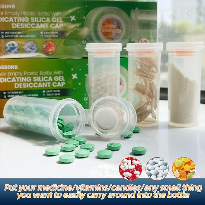 Pill Bottle with Desiccant Cap, Medicine Bottle, Pill Bottles Empty with Caps, Empty Pill Bottles (8 Dram, 40 Pack)