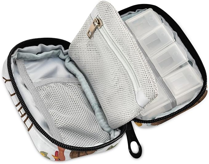 Thanksgiving Turkeys Sunflowers White Travel Pill Organizer Case Box Container Weekly Portable Vitamin Medicine Holder Storage Bag with Zipper Removable