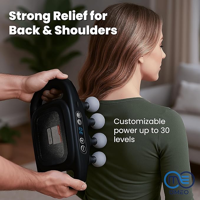 OMEO 16-Head Deep Tissue Massage Gun – Professional Percussion Massager with 30 Intensities & Quiet Motor | Portable Muscle Massager for Pain Relief, Neck, Back, Shoulders & Legs (Black)