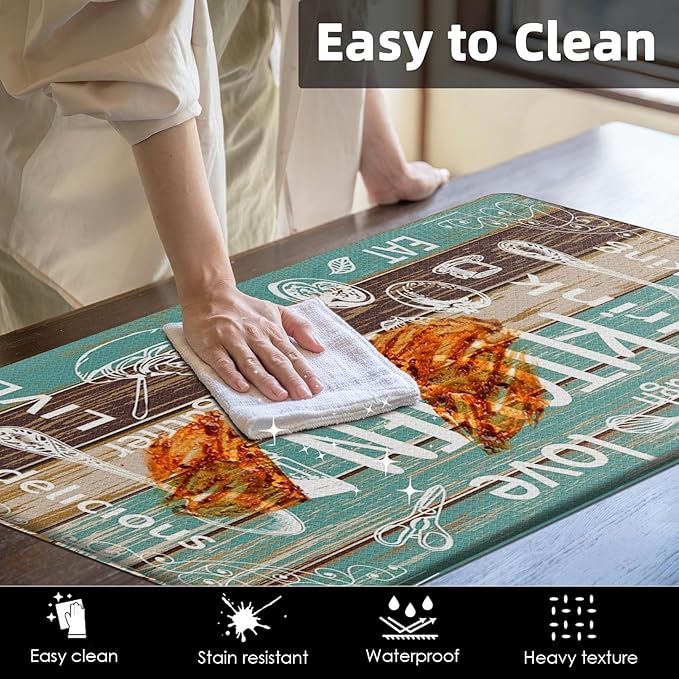 Arttown Farmhouse Teal Anti-Fatigue Kitchen Rug Set of 2 Wood Brown Black Vintage Cushioned Floor Standing Mat Waterproof Non-Slip Kitchen Mat and PVC Ergonomic Comfort Foam Rug