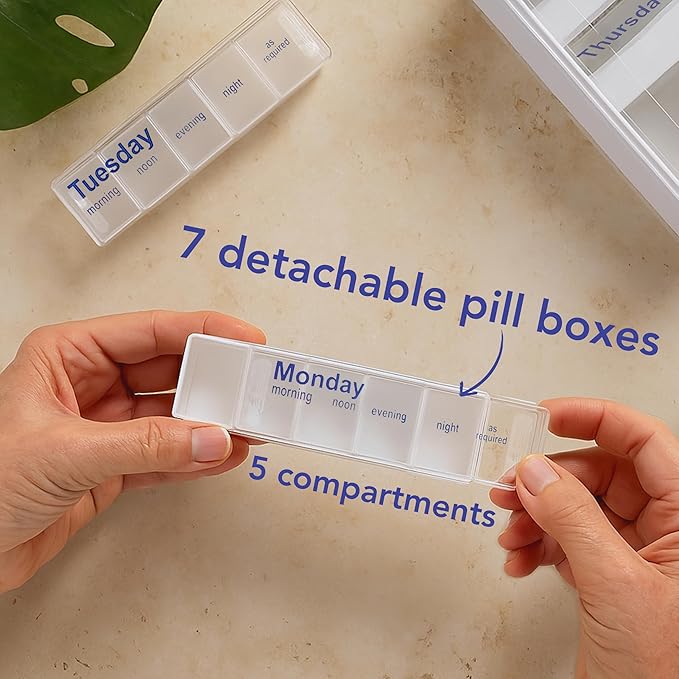 Weekly Pill Organiser – 7 Day Box with 5 Daily Compartments – Detachable, Portable Tablet Pots for Medication, Vitamins and Supplements with Sliding Lids