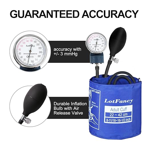 LotFancy Professional Manual Blood Pressure Cuff with D-ring, Standard Adult Sphygmomanometer Cuff 8.5"-16.5", Calibrated BP Cuff Manual with Carrying Case for Daily Home Check, Nursing Students, Blue