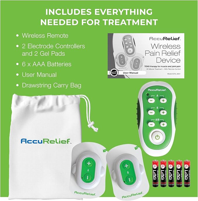 AccuRelief Wireless TENS Unit with Remote Control, TENS Pain Relief Device and Muscle Stimulator, for Back Pain, Neck Pain, Arm and Leg Pain