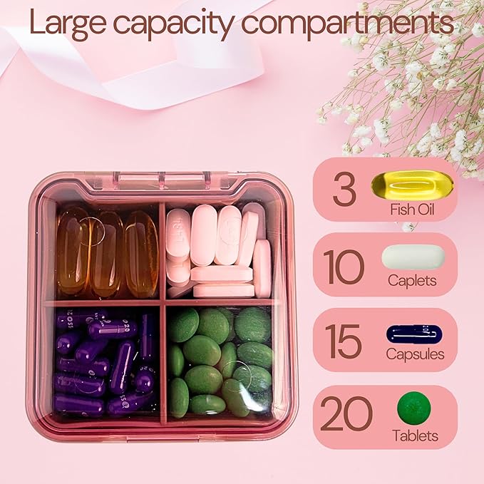 Pink- Small Pill Case with Silicone Pill Pouch, 4 Compartment Pill Organizer, Zipper Pill case, Small Pill Box for Purse, Sturdy Hinge, Multi Purpose, for Vitamins & Supplements, BPA Free