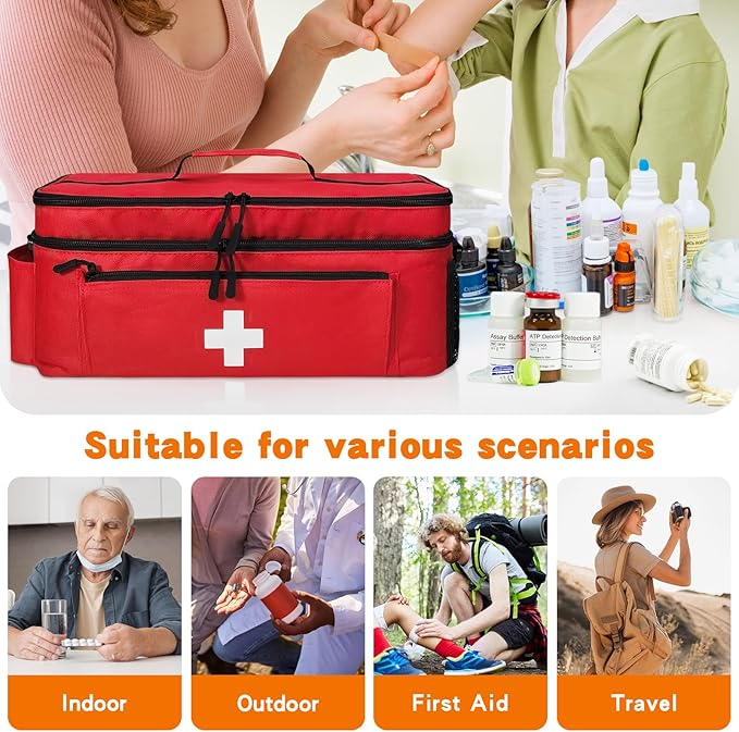 Boczif First Aid Kit, First Aid Storage Carry Bag, Pill Bottle Organizer for Emergency Trauma Medical Kits Supplies Waterproof, Ideal for Home, Travel, Outdoor, Camping (Red with shoulder strap)
